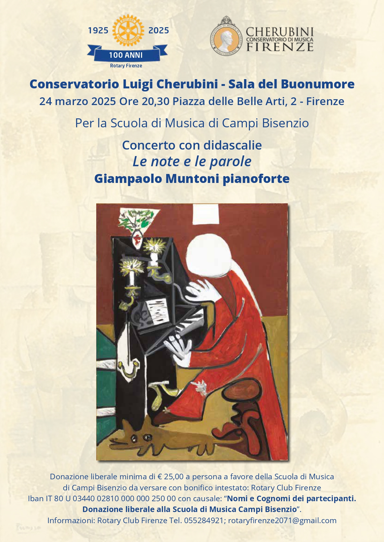 Firenze, Conservatorio Cherubini: «Le note e le parole», con Giampaolo Muntoni. A favore della Scuola di musica di Campi alluvionata